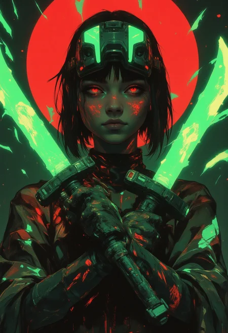 A female character with a dark, enigmatic aura. She has short, dark hair and wears a metallic, horned headpiece that covers her forehead and extends over her ears. Her eyes are glowing a vivid, neon green, adding an eerie, supernatural quality to her expression. She is holding two long, gleaming knives with glowing green blades, which she is pointing at the viewer. Her right hand is raised to her face, fingers touching her mouth, suggesting a sense of caution or intrigue. Her outfit is a mix of futuristic and traditional elements, consisting of a loose, sleeveless top with a high collar and intricate, metallic detailing. She wears fingerless gloves and several bracelets on her wrists, adding to the overall armored appearance. The background is dark with a large, circular design behind her head that resembles a stylized red sun or a glowing portal. The overall style is highly detailed and stylized, with a mix of sci-fi and fantasy elements, reminiscent of cyberpunk or anime art. The image is rich in texture and color, with a high level of detail in both the character's attire and the surrounding.