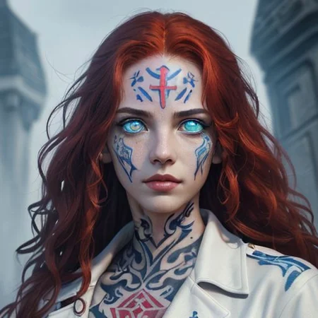 bright red hair, human female, (feminine:1.7), (beautiful face, detailed face:1.6), (beautiful eyes, detailed eyes:1.7), (looking at viewer, eye contact, intense:1.6), (long hair, red hair, curly hair:1.3), , ((masterpiece, best quality, high resolution, realistic, best quality,)), photo realistic, Perfect Face, (detailed face). <lora:GoodHands-vanilla:0.6> <lora:add-detail-xl:0.8>, mage, (Dress White military uniform coat), dagger, rune dagger, glowing runes, , (((glowing magic symbols tattoos, religious tattoos))), ((face tattoos)), glowing tattoos, stone tower in the background
