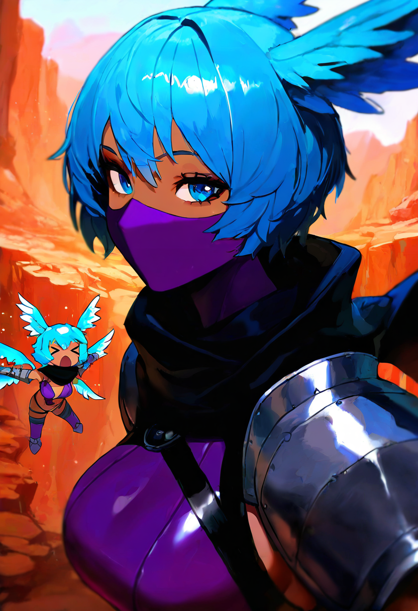 masterpiece,best quality,newest,absurdres,highres,very awa,
1girl, shutumon, purple ninja mask, black belted scarf, vambraces, pauldrons, tankini, dark-skinned female, blue hair, blue eyes, > <, portrait, flying, canyon, portrait, looking ar viewer, from side
