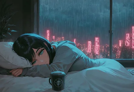 score_9,score_8_up,score_7_up,score_6_up, 1girl,
sitting in bed next to a large window, holding coffee cup, steaming coffee cup on windowsill, wearing croptop hoodie, black croptop hoodie, long hair, black hair, low ponytail hairstyle, pov from outside, view from putside the window looking into the room, looking out window, head resting on pillow laying on the bed, hoodie, plants on the windowsill, looking out the window, looking at viewer, background is the bedroom, tidy bedrrom, small room, cramped bedroom, teddies on the bed,, wearing legging, see through thights, black tights, cyberpunk city view out of the window, raining outside, heavy rain outside, neon light, purple neon lights, cat on the bed, pet cat in the room, pet cat sleeping on the bed