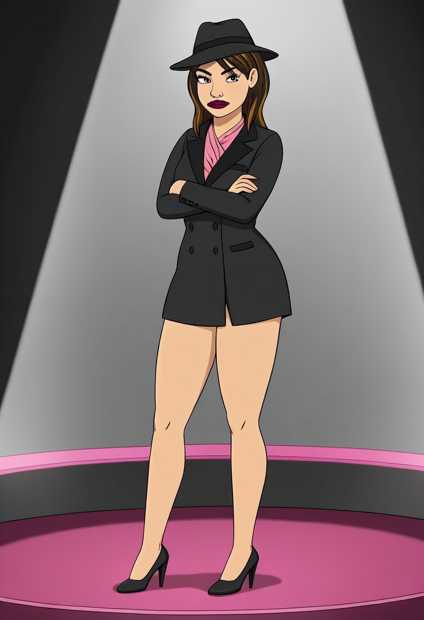 1girl, gina_cazador, solo, brown hair, makeup, black fedora, black blazer, pink blouse, sheer thighs, black high heels, standing, looking at viewer, arms crossed, stage, indoors, spotlight