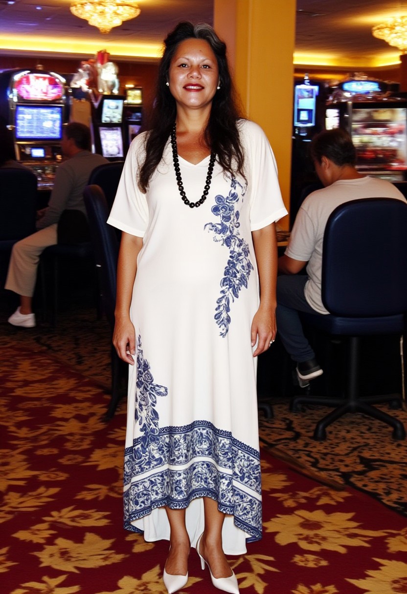 Linda, long black wavy hair, Body, she is wearing a loose white evening dress with traditional Polynesian patterns printed in navy blue, white high heels, a black Tahitian pearl necklace, she is standing in a casino,