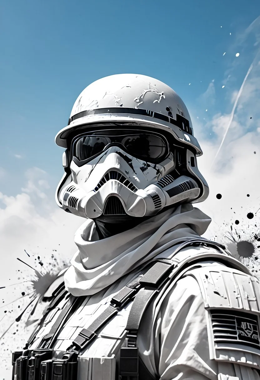 score_9, score_8_up, score_7_up, korean girl, imperial stormtrooper, stormtrooper, armor, helmet, monochromemuse, monochrome, greyscale, ink splatter, blue sky