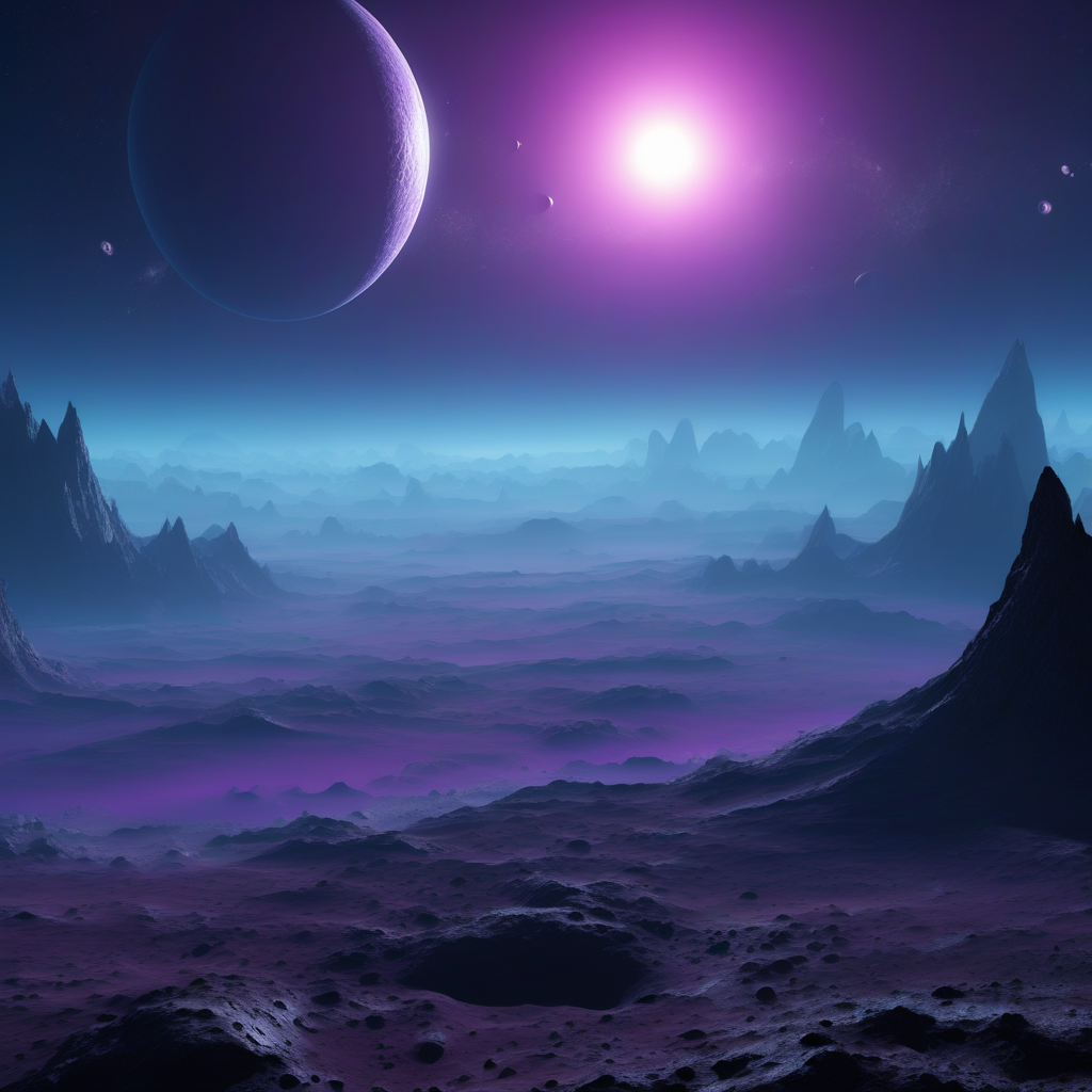 Create a hyper-realistic alien landscape on a distant planet with several moons orbiting above. The terrain consists of jagged mountains and deep valleys covered in an ethereal blue mist. Above, multiple large moons and planets hover in the sky, each casting unique shadows on the terrain. The light from a distant, bright purple star casts a soft glow across the horizon, creating a surreal yet believable atmosphere, where alien terrain and cosmic elements blend seamlessly.