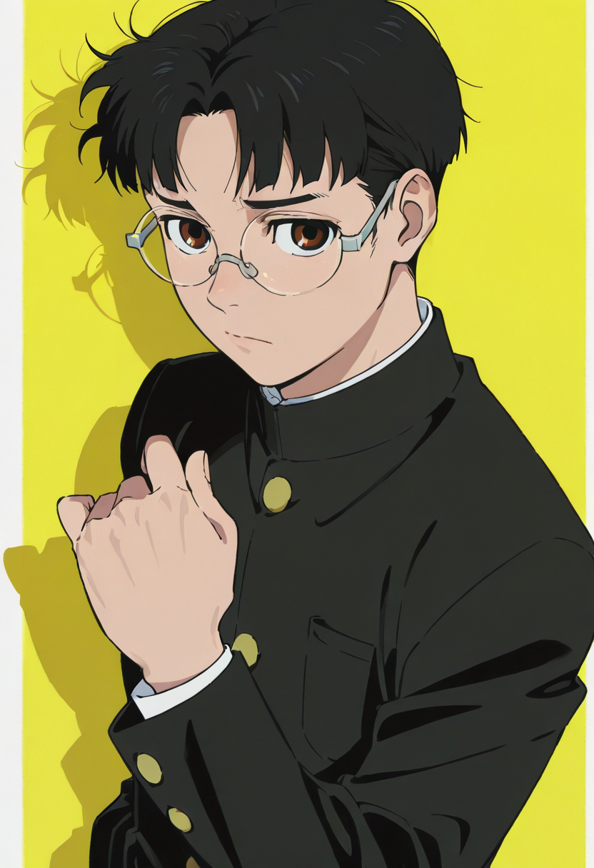 dandadan, 1boy, male focus, glasses, black hair, solo, school uniform, gakuran, brown eyes, short hair, Okarun
