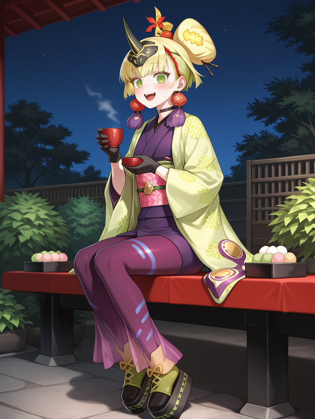 no-p.u.n.k. deer note,1girl,wagashi,solo,open mouth,sitting,holding cup,cup,smile,looking at viewer,teeth,:d,full body,blush,red hair ornament,purple tassel earrings,black choker,black gloves,black horn headpiece,green haori,purple sleeveless kimono,pink sash,pink see-through long skirt,black platform footwear,purple thighhighs,garden,night sky,ringed eyes
masterpiece,best quality,amazing quality,very aesthetic,absurdres,newest,<lora:No-P.U.N.K. Deer Note illusXL v1:0.75>,