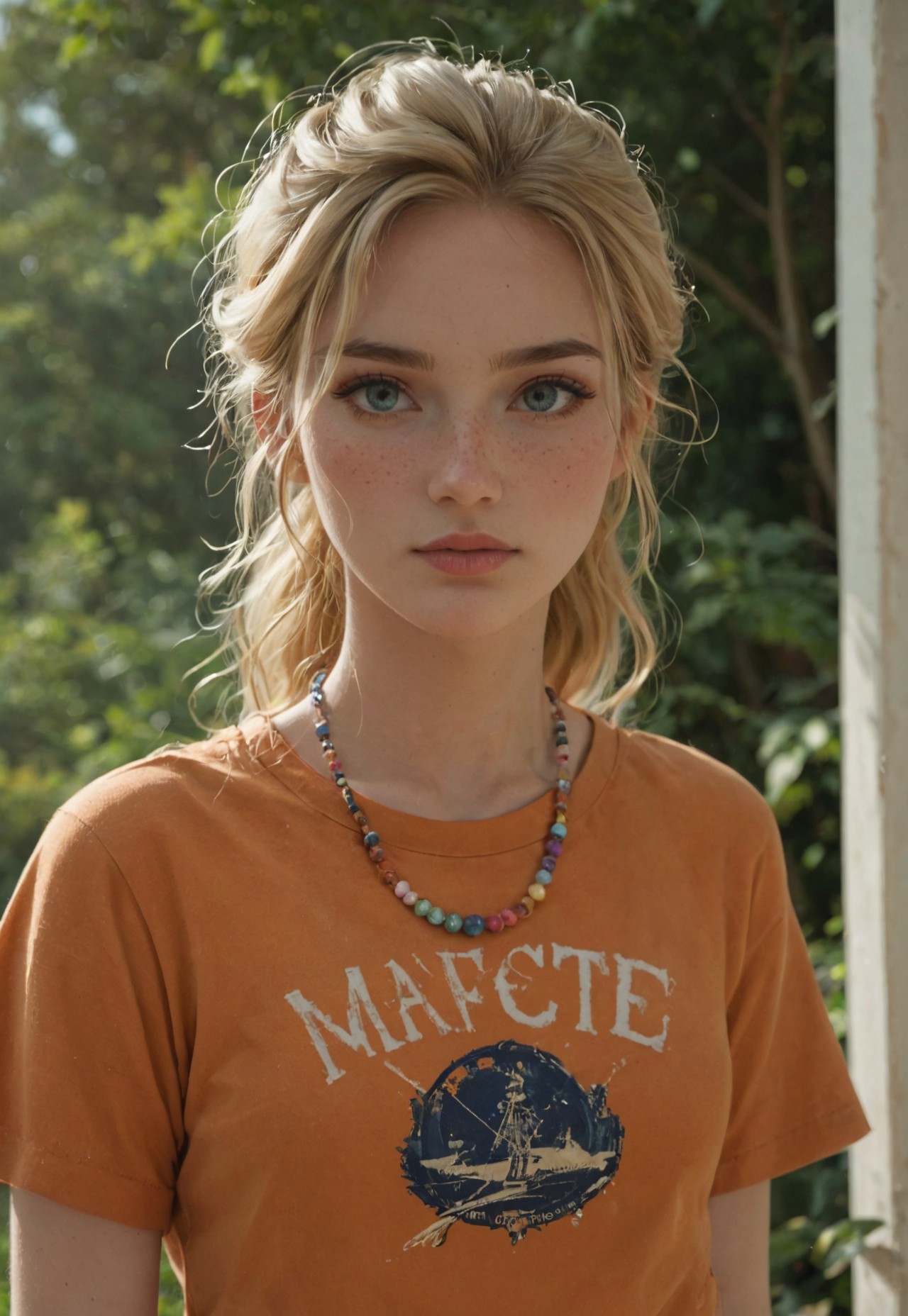 safe_pos, score_9, score_8_up, score_8_up, 1girl, 20yo white caucasian girl, Annabeth Chase, freckles, girls frowning, (frowning), (blonde hair), long hair, ponytail, small breasts, orange shirt, camp shirt, beaded necklace, narrow hips, athletic, toned source comic book, pastel colors, high res image, masterpiece, girls hands behind back, looking at viewer, mouth closed, (high contrast, cinematic lighting, anime screenshot, uncensored, (masterpiece), (best quality), (ultra-detailed), very aesthetic, illustration, perfect composition, intricate details, absurdres)