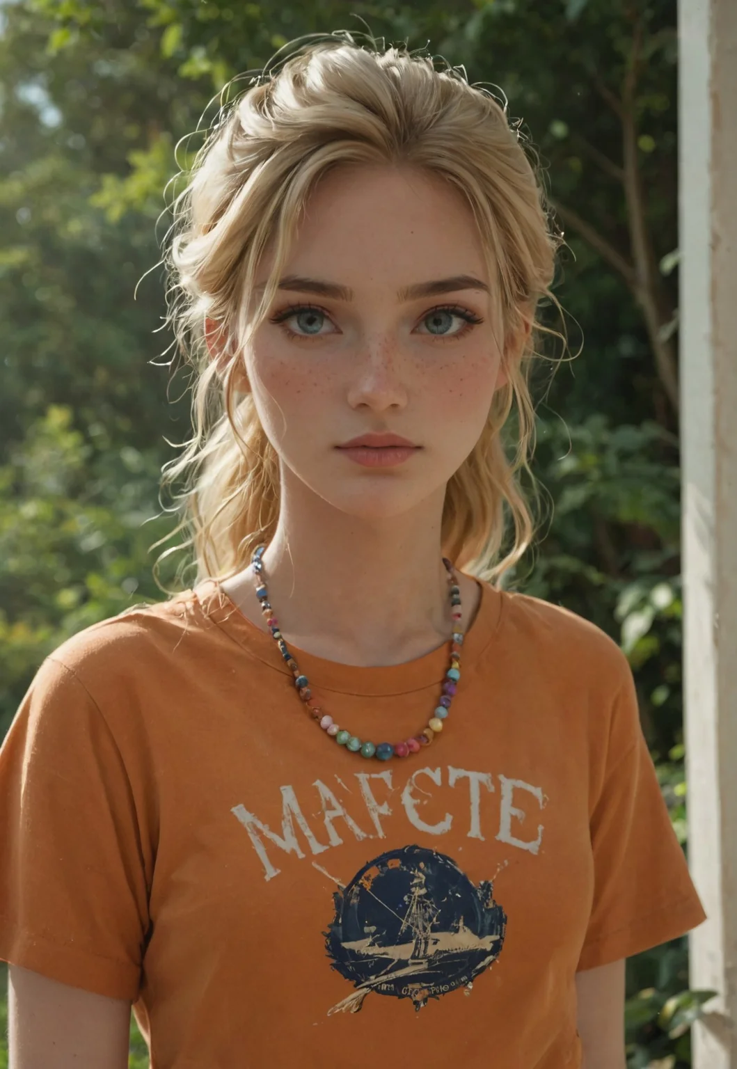 safe_pos, score_9, score_8_up, score_8_up, 1girl, 20yo white caucasian girl, Annabeth Chase, freckles, girls frowning, (frowning), (blonde hair), long hair, ponytail, small breasts, orange shirt, camp shirt, beaded necklace, narrow hips, athletic, toned source comic book, pastel colors, high res image, masterpiece, girls hands behind back, looking at viewer, mouth closed, (high contrast, cinematic lighting, anime screenshot, uncensored, (masterpiece), (best quality), (ultra-detailed), very aesthetic, illustration, perfect composition, intricate details, absurdres)