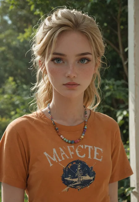 safe_pos, score_9, score_8_up, score_8_up, 1girl, 20yo white caucasian girl, Annabeth Chase, freckles, girls frowning, (frowning), (blonde hair), long hair, ponytail, small breasts, orange shirt, camp shirt, beaded necklace, narrow hips, athletic, toned source comic book, pastel colors, high res image, masterpiece, girls hands behind back, looking at viewer, mouth closed, (high contrast, cinematic lighting, anime screenshot, uncensored, (masterpiece), (best quality), (ultra-detailed), very aesthetic, illustration, perfect composition, intricate details, absurdres)