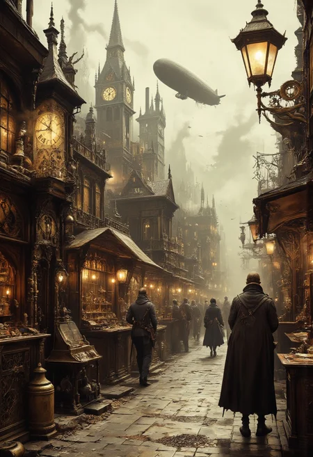 Photograph a bustling steampunk marketplace filled with brass and copper stalls, each adorned with intricate gears, cogs, and riveted pipes. Steam rises from various contraptions as vendors showcase mechanical trinkets, ornate goggles, and clockwork automata. The cobblestone streets glisten under warm amber light from gas lamps, while towering chimneys in the background emit wispy trails of steam. Airships hover in the hazy, sepia-toned sky, adding scale and grandeur to the bustling scene.