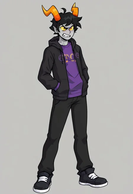 grey skin, 1boy, male focus, yellow sclera, black hair, horns, yellow sclera, solo, hood, hoodie, full body, pants, simple background, jacket, troll, nubhorns, purple shirt, angry, 
BREAK,
three-quarter view,
BREAK,
fnf