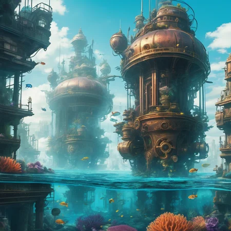 concept art A submerged city with steampunk influences, inhabited by mechanical fish and corals. Fantasy art, hyper-realistic in 8k resolution . digital artwork, illustrative, painterly, matte painting, highly detailed