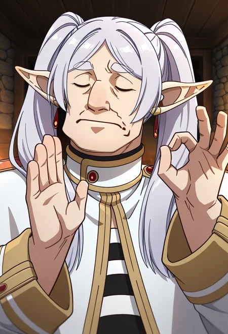 masterpiece, high quality, p4ch4, hands up, ok sign, closed eyes, closed mouth, facing to the side, 1boy, male focus, solo, thick eyebrows, manly, frieren,