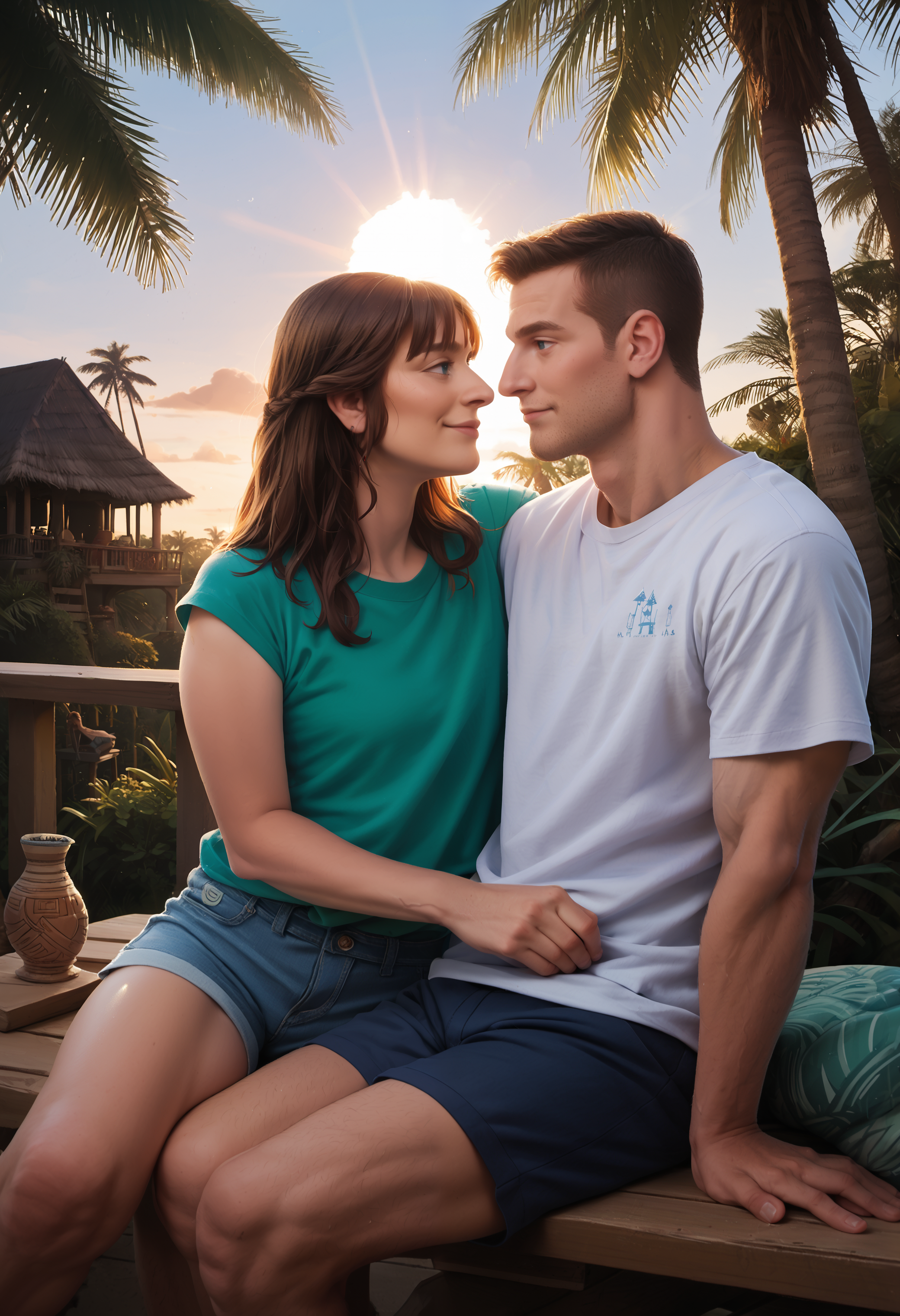 (zPDXL3) 1girl, sparse stubble, 1boy, sitting heads together, on a tropical beach, smiling, wearing shirt and shorts, morning sunlight, tiki hut, palm trees, cloudy sky