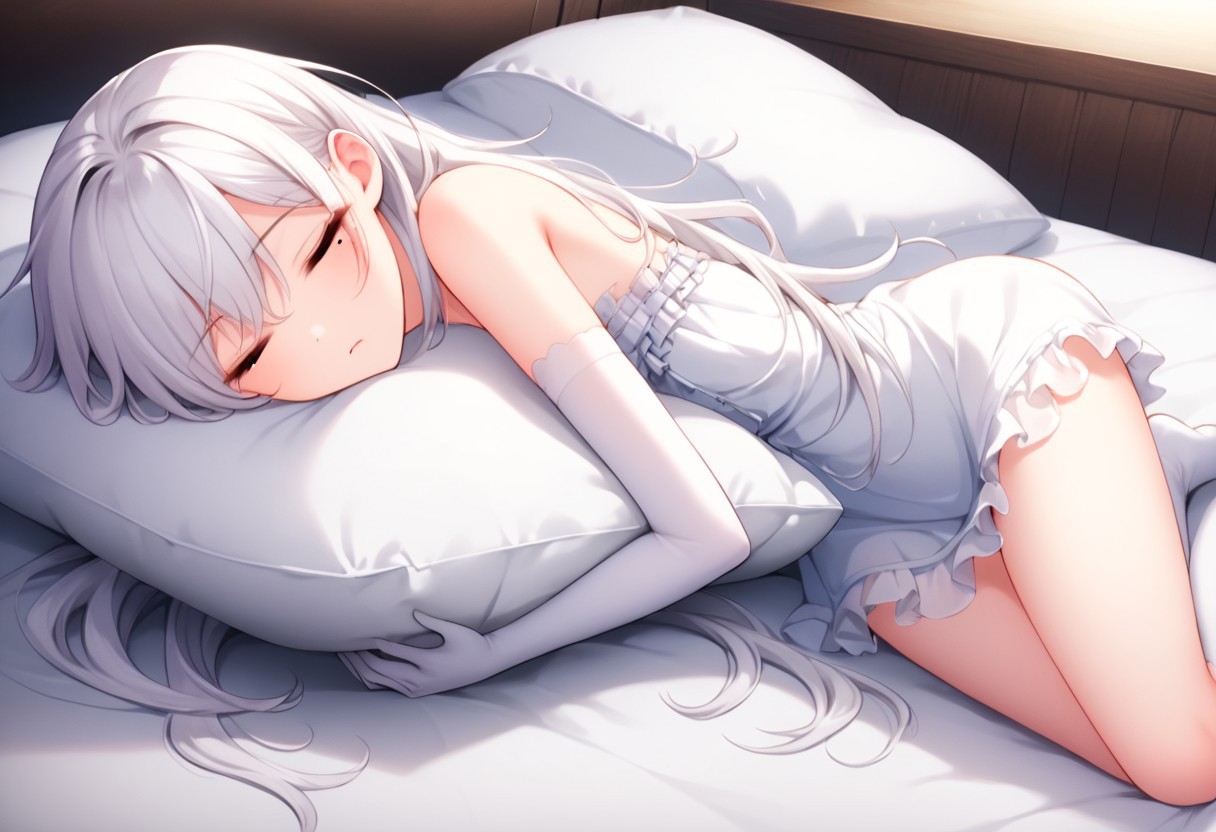 Ultra HD, source anime, game CG, masterpiece, best quality, girl sleeping,long white hair + sidetail,eye bag,very tired,silk Thigh high sock, elbow gloves, elegant white laced negligee, smooth pale skin, medium breast,mole near eyes,brown eyes,dimple of venus,hugging stuffed bear,head on pillow, girly room background ,full body shot girl,nice curve body,1 girl,solo focus, having good dream