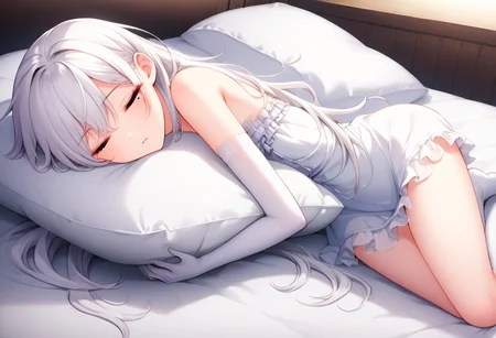 Ultra HD, source anime, game CG, masterpiece, best quality, girl sleeping,long white hair + sidetail,eye bag,very tired,silk Thigh high sock, elbow gloves, elegant white laced negligee, smooth pale skin, medium breast,mole near eyes,brown eyes,dimple of venus,hugging stuffed bear,head on pillow, girly room background ,full body shot girl,nice curve body,1 girl,solo focus, having good dream