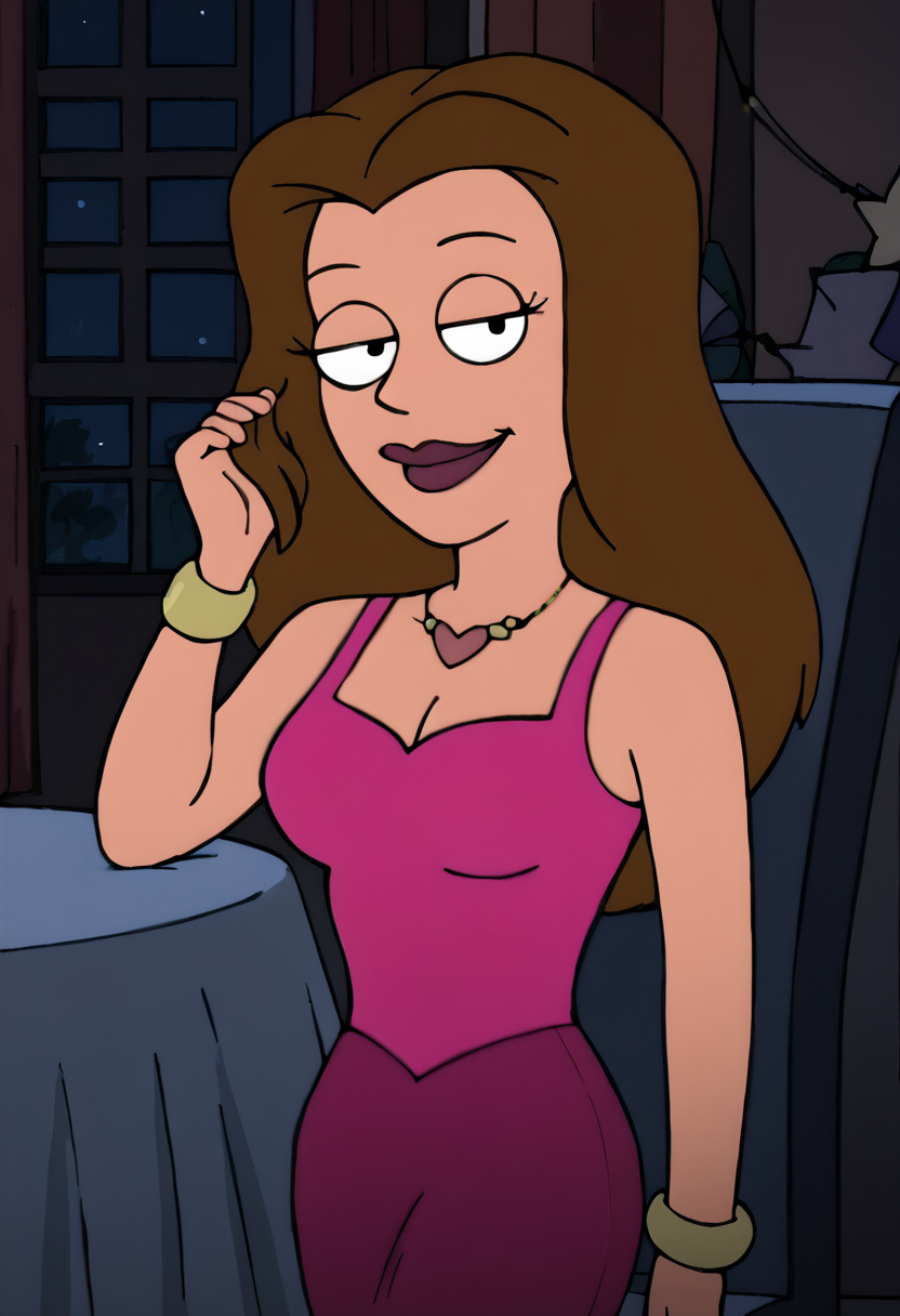 , looking at viewer,hand in own hair,  score_9, score_8_up, score_7_up, score_6_up, score_5_up, score_4_up  <lora:LisaSliverPony1.0:1>lisasilver, jewelry, brown hair, dress, long hair, necklace, 1girl, bracelet, breasts, lipstick, window,smile,  cleavage, heart, makeup, solo, medium breasts, flat color, purple dress