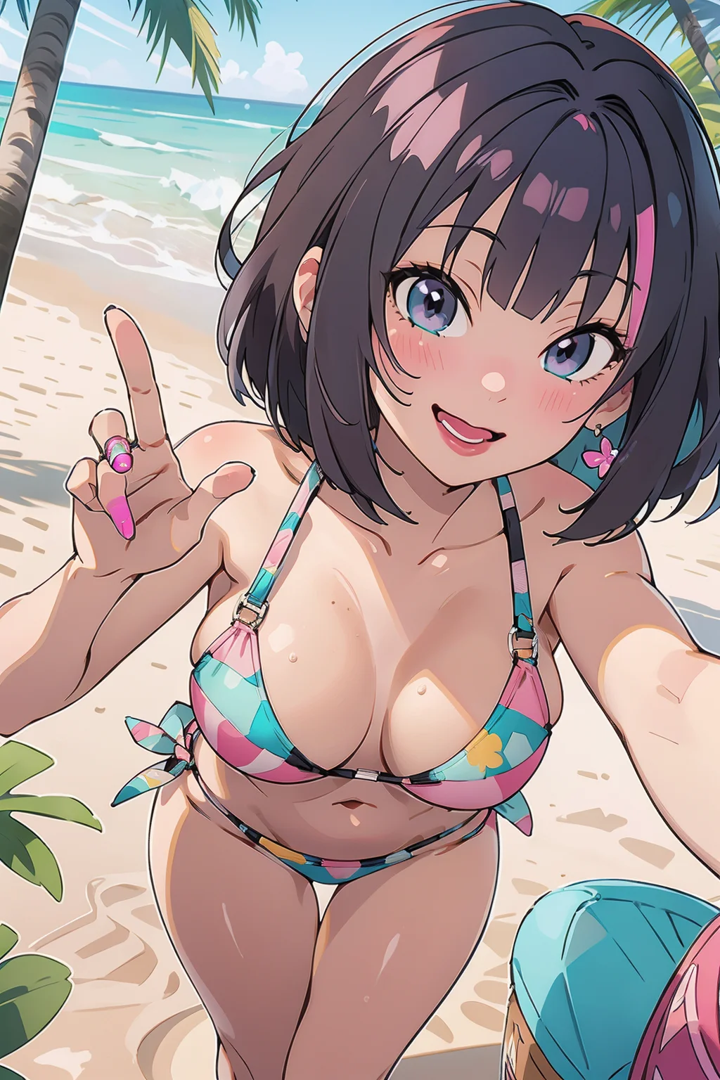(semi realistic anime:1.1) masterpiece, horny face, excited, happy, 1girl, short hair, lue hair, (instagram pose:1.1) (Selfie:1.1), medium_breasts, close-up, bikini_under_clothes, bikini, , hawaiian pattern, medium shot, on japanese beach, anime style 4 k, anime, best quality, , riamu, ph_Mar, torino aqua, phlg, black hair, pink highlight, no bra, <lora:EMS-13586-EMS:0.500000>, , <lora:EMS-63140-EMS:0.800000>, , <lora:EMS-39346-EMS:0.500000>