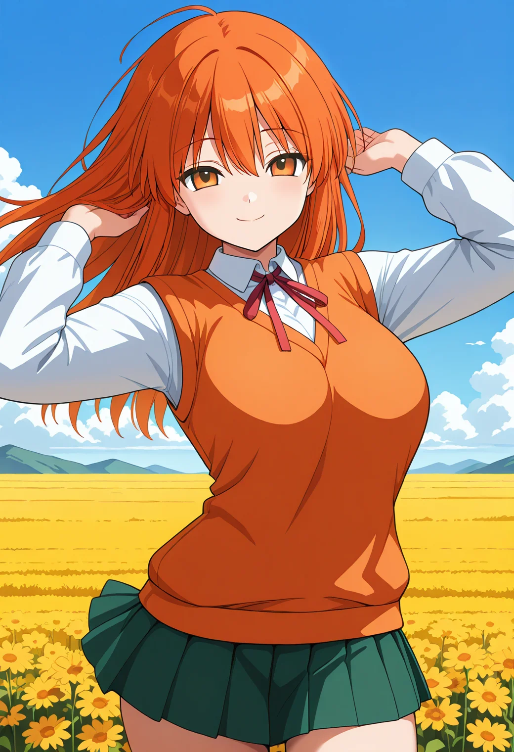 mx-13_serio, orange eyes, orange hair, long hair, school uniform, orange sweater vest, neck ribbon, white shirt, long sleeves, green skirt, <lora:HMX-13_Serio_illustrious_ver1:0.8>
smile,, masterpiece, best quality, general,, 1girl, solo, (field:1.2), (blue sky:1.2), looking at viewer,, (cowboy shot, dynamic pose:1.4),