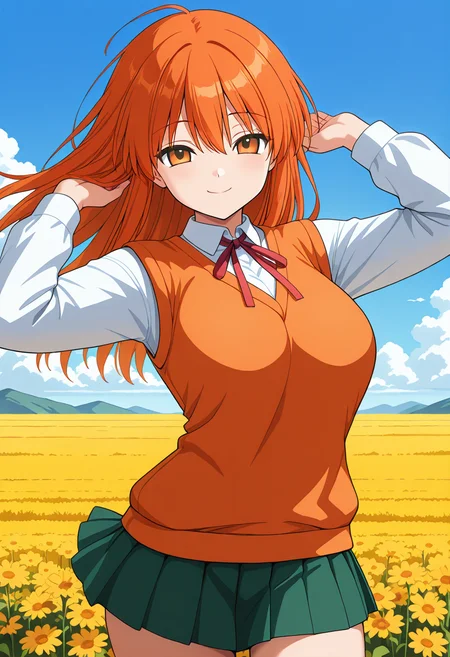 mx-13_serio, orange eyes, orange hair, long hair, school uniform, orange sweater vest, neck ribbon, white shirt, long sleeves, green skirt, <lora:HMX-13_Serio_illustrious_ver1:0.8>
smile,, masterpiece, best quality, general,, 1girl, solo, (field:1.2), (blue sky:1.2), looking at viewer,, (cowboy shot, dynamic pose:1.4),