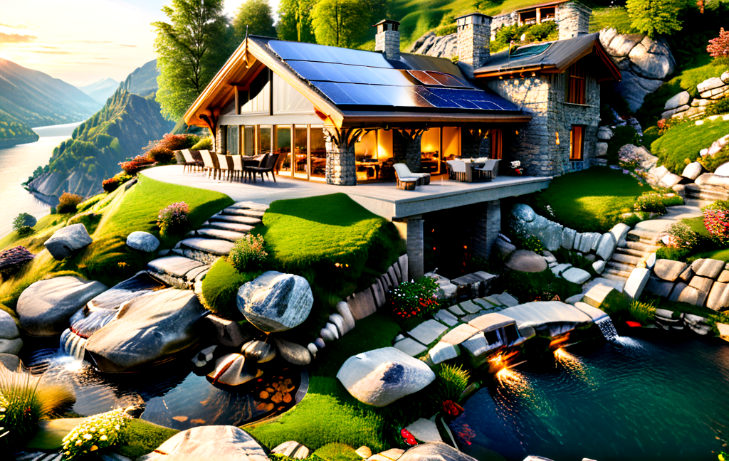 ultra-realistic image with high resolution and stable focus, correct and accurate anatomy, correct and accurate objects, different perspective, perfect detail, of an architectural style of a house built of stone and wood merging with nature, designed for ecological neutrality of natural materials, over a hill in the mountains, wide veranda, table chairs, barbecue, fire pit, swimming pool, dug into the rocks, covered with grass, steps, stone path, waterfall, lake, river, ultra realism, photo realism, single story, multi story, sloping, wind generators ,solar panels,sunset,birds in the sky <lora:fairytale_and_mythical_characters_r1:0.4> <lora:MJ52_v2.0:0.8> <lora:xl_more_art-full_v1:1>