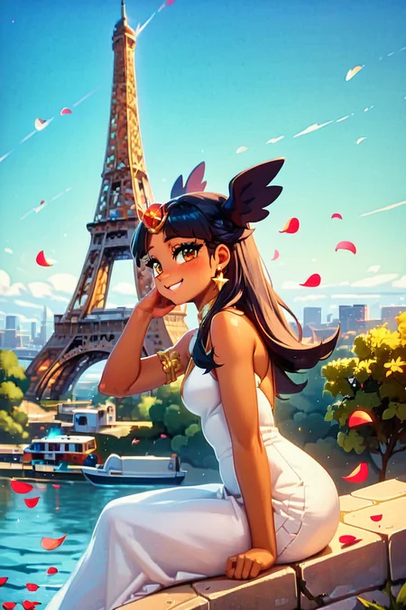 score_9, score_8_up, score_8, medium breasts, (curvy), cute, eyelashes, BREAK, , zzToto, dark skin, 1girl, blush, black hair, jewelry, sky, day, bandages, white dress, sleeveless dress, <lora:Toto_Takatsu_PDXL:0.8>, , BREAK, zzEiffelTower in background, sitting, watercraft, boat, sitting on wall, side view, looking at viewer, smile, BREAK, blooming stars, luminescent petals, otherworldly fragrance blurry background, embedding:zPDXL, Expressiveh, <lora:EiffelTowerPDXL:0.8>, <lora:CatalystStylePDXL:0.6>, <lora:SDXLFaeTastic2400:0.5>, <lora:Expressive_H-000001:0.4>,