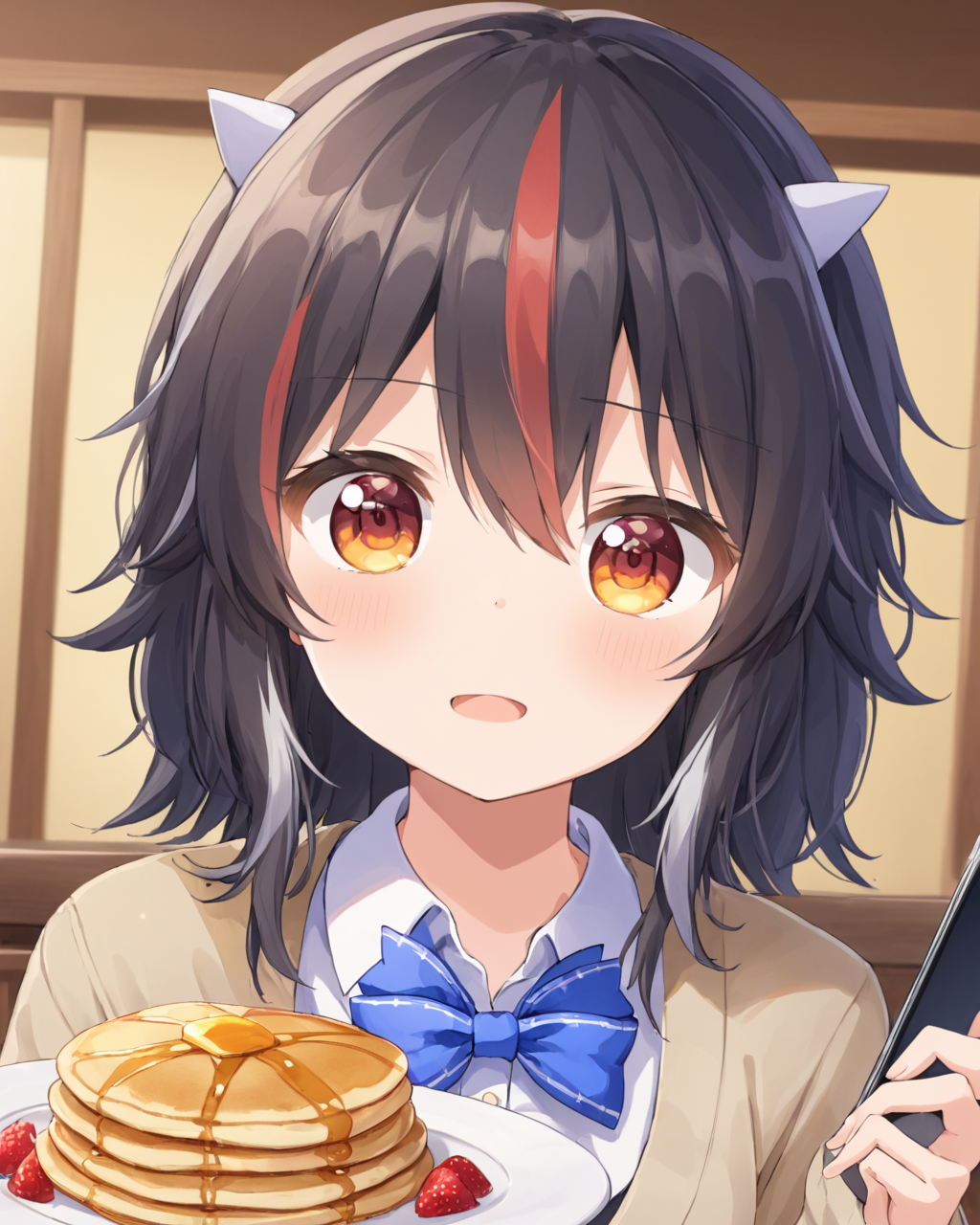 kijin seija,holding_fork, horns, blurry_background, alternate_costume, pov, blush, 2girls, looking_at_viewer, blue_bowtie, contemporary, white_shirt, long_sleeves, food_on_face, collared_shirt, upper_body, school_uniform, phone_screen, cardigan, open_mouth, arrow_\(symbol\), indoors, solo_focus, pancake, plaid_bowtie
<lora:kijin_seija_image4523_2023-12-20-000008:1>,star-shaped_pupils,symbol-shaped_pupils,. gorgeous,key visual, vibrant, studio anime,award-winning, professional, highly detailed,high budget, cinemascope