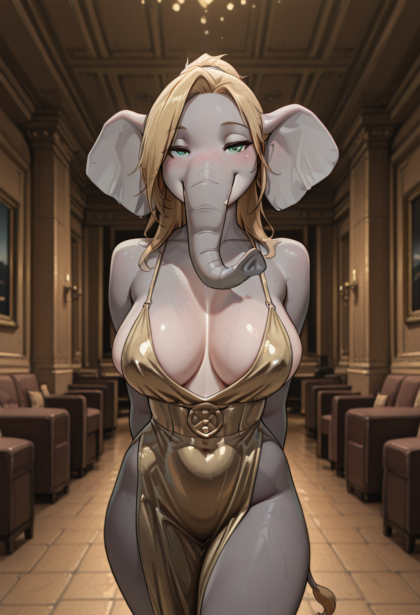 masterpiece, best quality, amazing quality,
nightclub setting, looking at the viewer,
arms behind back, smiling, wearing tight low cut dress,
seductive smile, blushing, 1girl, solo, half closed eyes,
(averie, elephant:1.2), trunk nose, trunk, tail, anthro, long golden blonde hair, green eyes, blonde tail hair,,
 <lora:Eleptors_Furry_OCs_Averie:0.8>