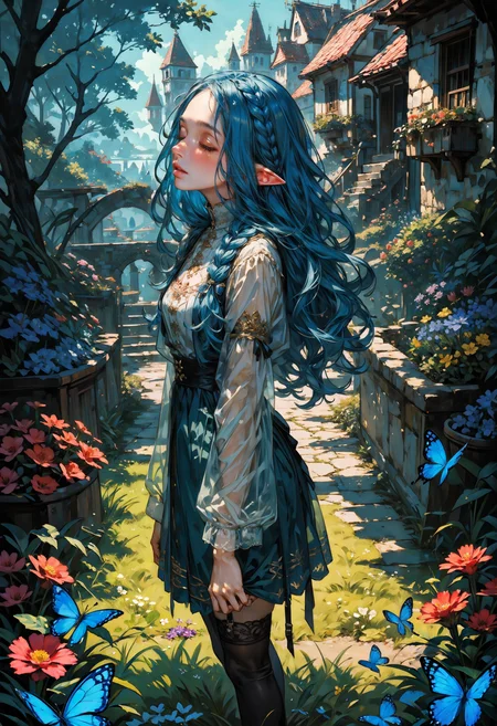 score_9, score_8_up, score_7_up, solo, 1girl, elf princess, pointy ears, blue hair, braided, posing, cute pose, joyful, lace lingerie, stockings, garter belt, wavy hair, see-through sleeves, flower short dress, outdoors, romantic, garden, flowers, butterflies, moonlight, surreal, fantastical, dynamic angle, from above, side view, <lora:cr33pp41ntXLP:0.8> cr33pp41nt <lora:Expressive_H-000001:0.8> expressiveh, <lora:sinfully_stylish_SDXL> <lora:Pony_DetailV1.0>