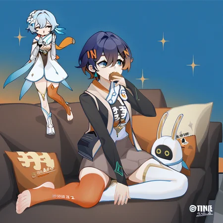belle \(zenless zone zero\), white thighhighs, earrings, vest, brown skirt, weibo logo, no shoes, toes, eating, orange sleeves, cowboy shot, text background, piercing, hairclip, orange bow, badge, long sleeves, lumine \(genshin impact\) \(cosplay\), white footwear, black jacket, sparkle, couch, holding robot, blue sky, scarf, kneeling, close-up, orange vest, mismatched legwear, single kneehigh, holding, orange hair, orange thighhighs, eighth note, parted lips, toenail polish, smile, barcode