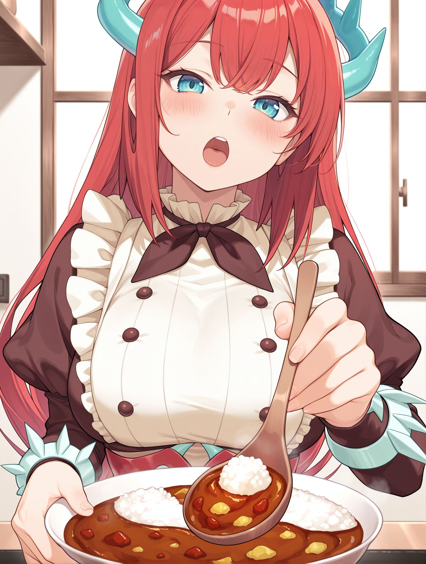 kitchen dragonmaid,1girl,solo,incoming food,shamoji,open mouth,blush,looking at viewer,holding shamoji,upper body,white background,brown maid clothes,indoors, curry rice, 
masterpiece,best quality,amazing quality,very aesthetic,absurdres,newest,<lora:kitchen dragonmaid illuXL v1.1:0.72>,