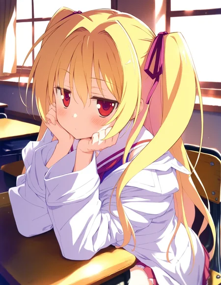 masterpiece, high score, great score, absurdres, 1girl, nikaidou shinku, blonde hair, two side up, <lora:nikaidou_shinkuAM4:1.0>,lab coat,school uniform,classroom, pleated skirt,bare shoulders, jitome, sitting, head rest, looking at viewer,
