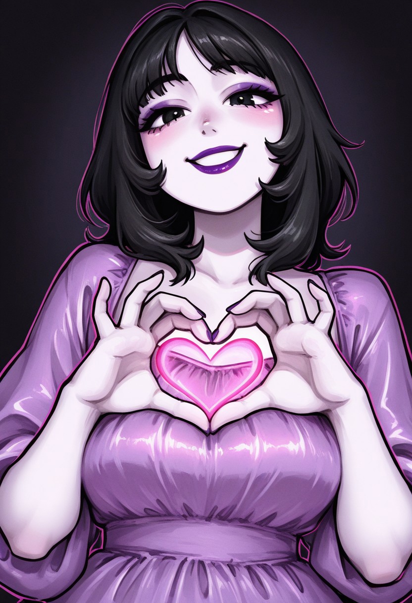 onkinky, 1girl, solo, medium build, medium hair, sfw, safe for work, covered skin, flowy dress,  black eyes, purple lipgloss, smiling, portrait, upper body, heart hands, foreshortening