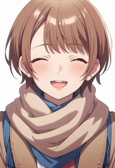 score_9, score_8_up, score_7_up, source_anime, jinguji rumi, short hair, brown hair, brown eyes, 1girl, closed eyes, mole under mouth, mole, smile, scarf, open mouth, solo, blush, ^ ^, facing viewer