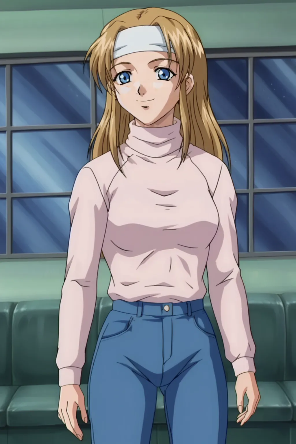 score_9, best, masterpiece, uncensored,
indoors,
1girl, solo, smile, retro artstyle, 1990s (style),
LTHRMNTsuruiaEp5, headband, pink turtleneck, blue pants, jeans,
<lora:LeathermanTsuruia_V2:0.8>​​​