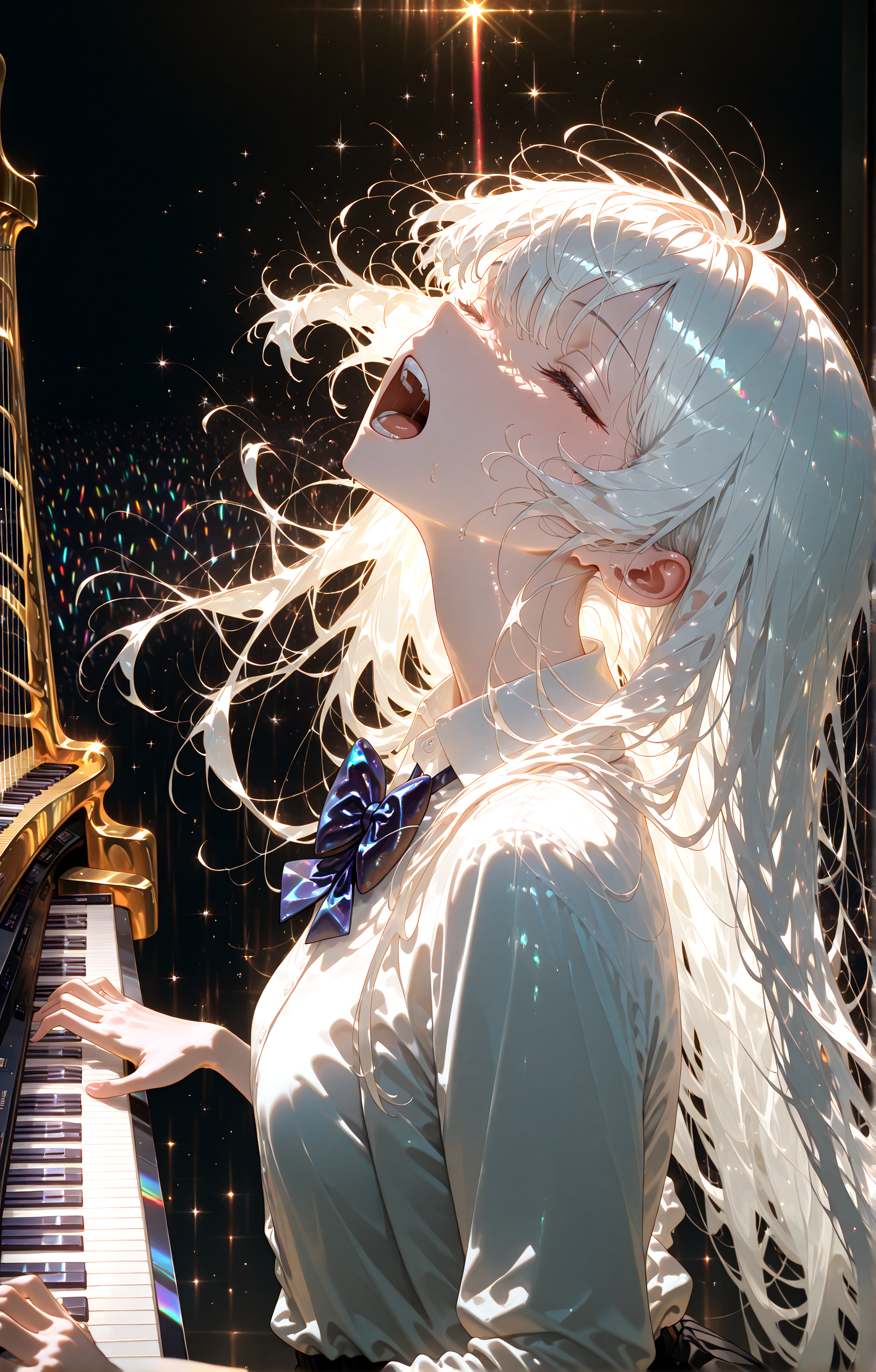 masterpiece, best quality, amazing quality, very aesthetic, absurdres,  newest,
concert hall black background,glitch,sparkle,backlighting, 
1girl,long hair,facelight,shirt,bowtie white hair , open mouth screaming closed eyes  arched back pov 
standing, (from side:1.5) very close-up (upper body:0.71) (playing keyboard \(instrument\),:1.5) 
looking_at_viewer,
{{best_quality}},{{amazing_quality,very_aesthetic}},
masterpiece, best quality, amazing quality, very aesthetic, absurdres,  newest, volumetric lighting,<lora:spo_sdxl_10ep_4k-data_lora_webui:1> <lora:KonyaKarasue-Lokr-NOOBEPS110:1> <lora:holographiccolor:0.75> <lora:USNR STYLE_XL_loha:0.15> <lora:xmc_v0.3_noobai_cwhj:0.715> <lora:VenetianLightingILL:0.75>