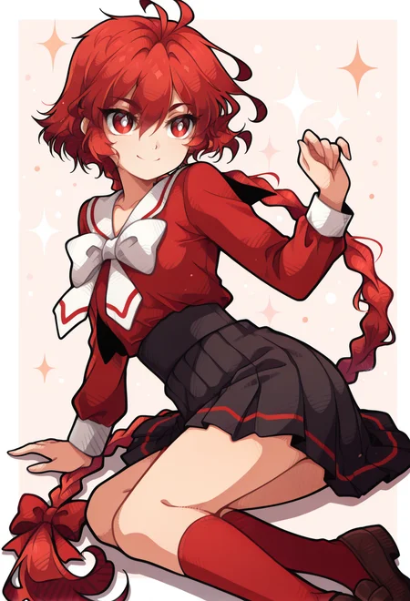 masterpiece, best quality, high quality, anime, solo, <lora:AEHikaruillx:1>
AEHikaru, red eyes, red hair, braided ponytail, hair between eyes, hair ribbon, long braid, long hair, single braid, school uniform, serafuku, white bowtie, white sailor collar, red shirt, red bow, ribbon, long sleeves, black skirt, pleated skirt, kneehighs, red socks,
<lora:AESTYLES:1.35> white pupils, smile, simple background, twisted torso,