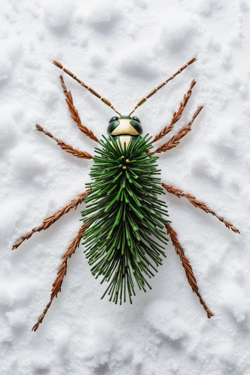 nature-inspired mixed media artwork resembling an insect, pine needles and twigs forming the body and legs, snow on white background, geometric arrangement, japanese-inspired aesthetic, realistic detail, simplistic and minimalistic, snow adds textural contrast, created by maico akiba, masterpiece