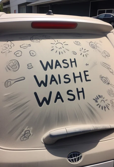 w4shm3, car, doodle in dust, (text:"wash me")