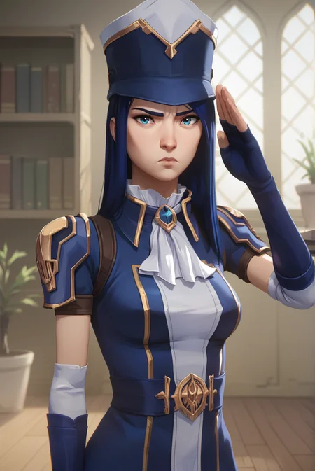 score_9, score_8_up, score_7_up, score_6_up, score_5_up, score_4_up, BREAK source_anime, 1girl, solo,
<lora:ArcaneCaitlynXL-v3-07:0.7>, ChopioCaitlyn, blue hair, shiny hair, blue eyes, looking at viewer,
medium breasts,
long hair, straight hair,
outfit_1, white ascot, brooch, blue dress, shoulder armor, short sleeves, elbow gloves, fingerless gloves, upper body, hat, blue headwear,
indoors, bookshelf, window, potted plant, wooden floor, standing, serious, cowboy shot, closed mouth, salute,