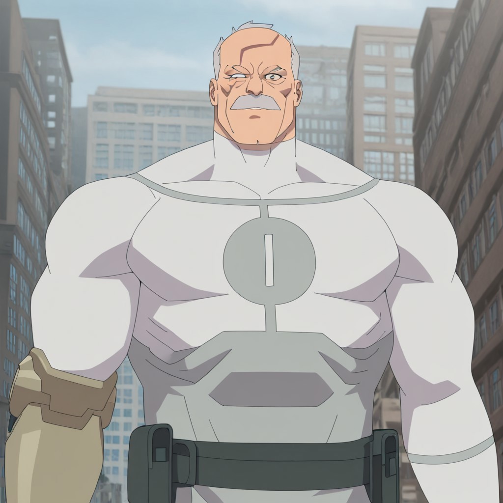 masterpiece, best quality, newest, absurdres, highres, Invincible-show-style-INVPACK.V1.0, 
1boy, Conquest-ISV-V1.0 old man, white hair, mustache, facial hair, scar, blind eye, single mechanical arm, brown eyem detailed eyes, muscular man, muscular,