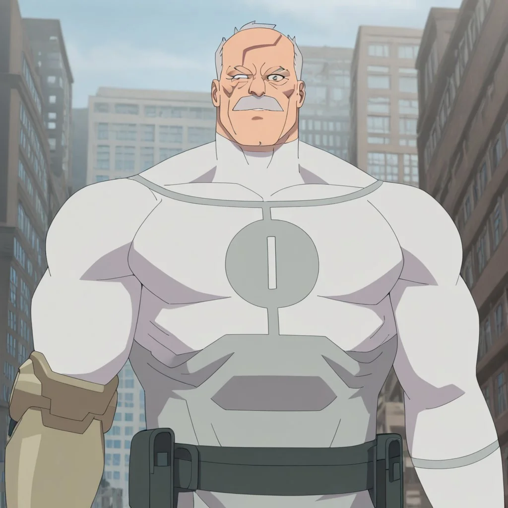 masterpiece, best quality, newest, absurdres, highres, Invincible-show-style-INVPACK.V1.0, 
1boy, Conquest-ISV-V1.0 old man, white hair, mustache, facial hair, scar, blind eye, single mechanical arm, brown eyem detailed eyes, muscular man, muscular,