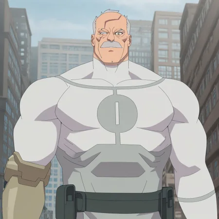 masterpiece, best quality, newest, absurdres, highres, Invincible-show-style-INVPACK.V1.0,
1boy, Conquest-ISV-V1.0 old man, white hair, mustache, facial hair, scar, blind eye, single mechanical arm, brown eyem detailed eyes, muscular man, muscular,