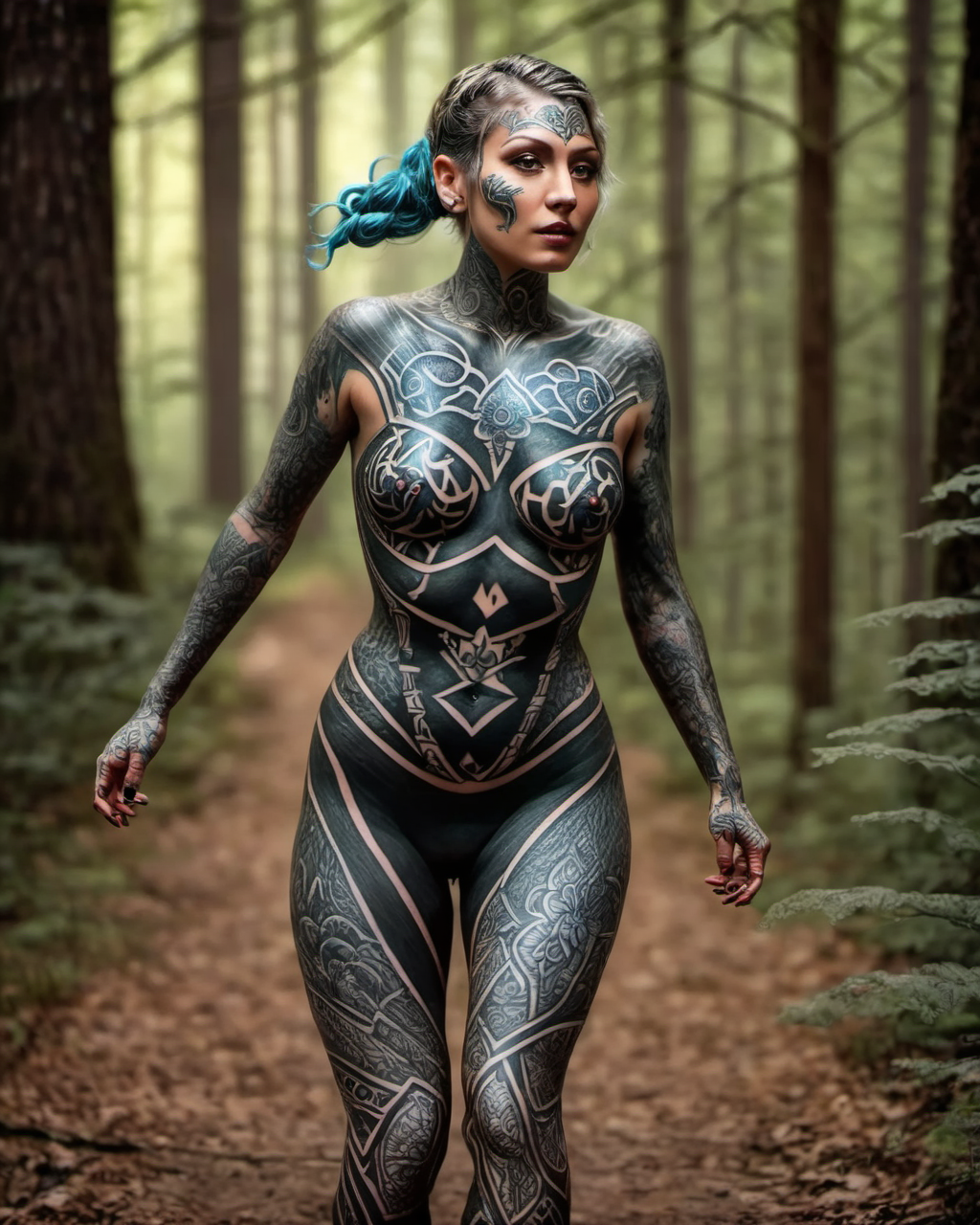 a tattooed woman <lora:DarTataBodGPlus:1.0> as a fantasy Bavarian running through the forest