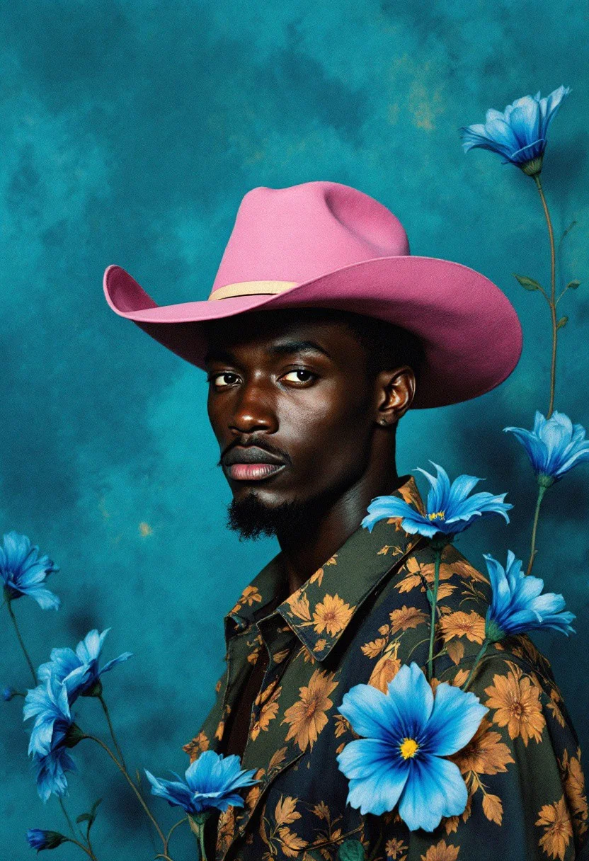 35mm photograph of a cool mysterious dark skinned cowboy wearing a pink hat against a textured teal and dark blue backdrop, there are flowing blue flowers etched into the image,