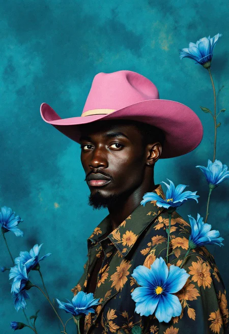 35mm photograph of a cool mysterious dark skinned cowboy wearing a pink hat against a textured teal and dark blue backdrop, there are flowing blue flowers etched into the image,