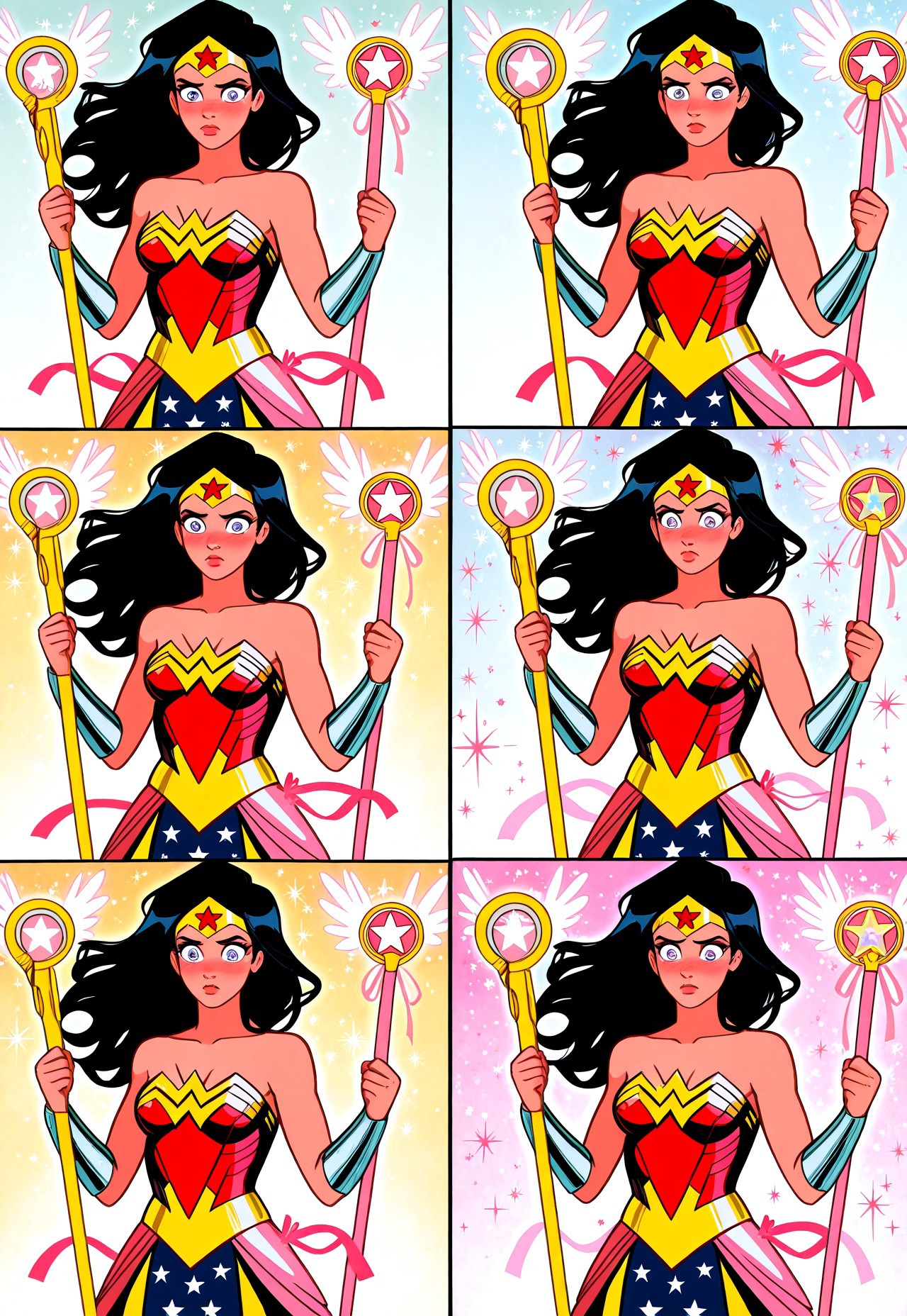 masterpiece, best quality, absurdres, very aesthetic, D3ND3N, wonder woman, magical girl transformation, sparkling armor, tiara, transformation pose, ribbon effects, (pastel color palette), (shoujo manga eyes), (cute expression), (detailed transformation sequence, animated style), (magical staff), (glitter effects),