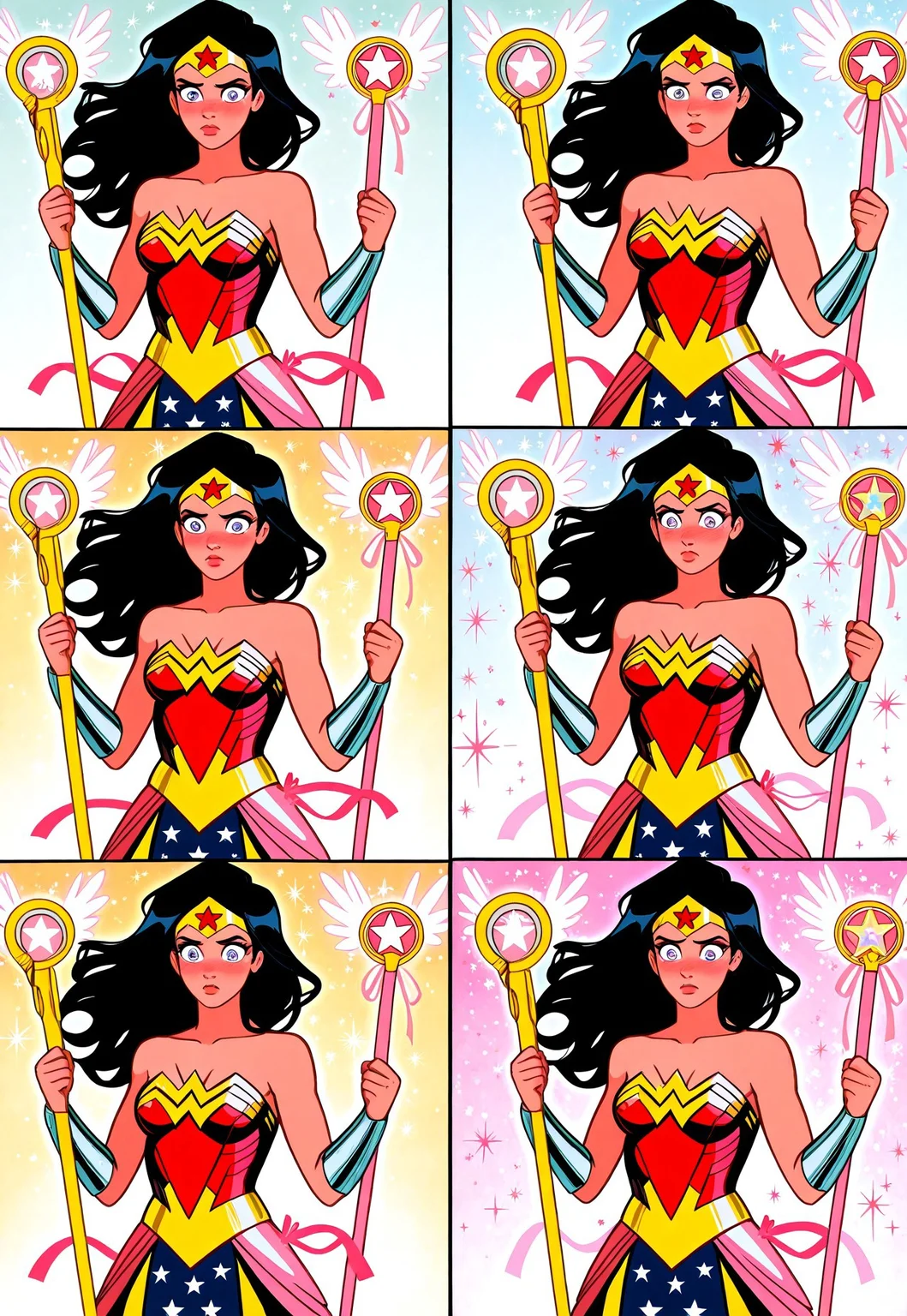 masterpiece, best quality, absurdres, very aesthetic, D3ND3N, wonder woman, magical girl transformation, sparkling armor, tiara, transformation pose, ribbon effects, (pastel color palette), (shoujo manga eyes), (cute expression), (detailed transformation sequence, animated style), (magical staff), (glitter effects),