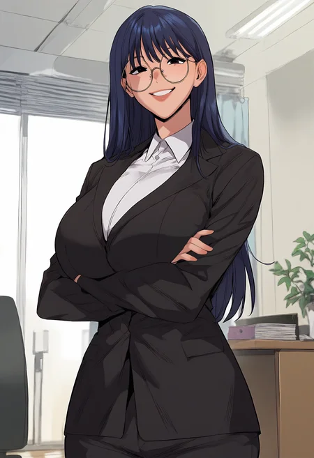 score_9, score_8_up, score_7_up, score_6_up, source_anime, rating_explicit, 1girl, (solo:1.1), huge breasts,<lora:Lim Hanlim prefectPonyxl:0.9> blue hair, round eyewear, long hair, brown hair, black eyes, brown eyes, black jacket, white shirt, collared shirt, long sleeves, black pants, smile, office room, indoors, looking at viewer, crossed arms