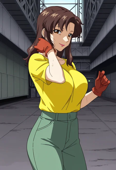 1girl,solo,mm,mature female,brown hair,long hair,brown eyes,lipstick,large breasts,anime coloring,
yellow shirt,pants,gloves,sweat,wiping sweat,looking at viewer,smile, cowboy shot, outdoors,factory
,masterpiece,best quality,amazing quality,<lora:Murrue Ramius-Gundam SEED ix:0.8>